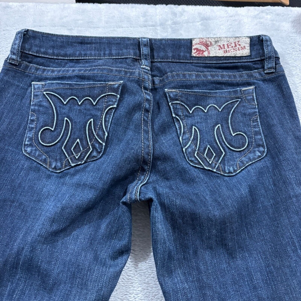Mek Denim Jeans Moscow Slim Boot 30x32‎ Women Low Rise Dark Blue Y2K EMbroidered